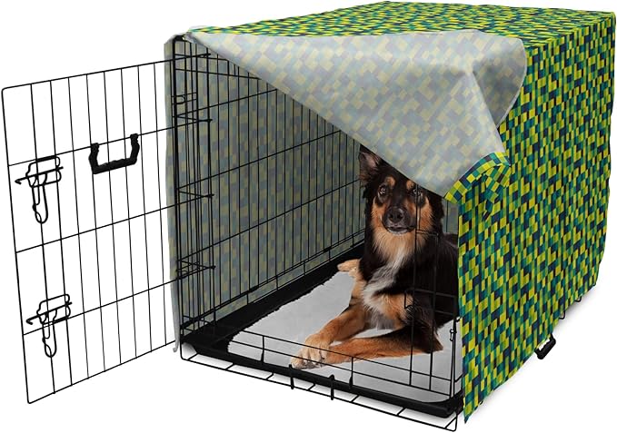 Lunarable Yellow and Blue Dog Crate Cover, Vivid Colored Squares Funky Simple Retro Style Grid Tile, Easy to Use Pet Kennel Cover for Medium Large Dogs, 36 Inch, Petrol Blue Lime Green
