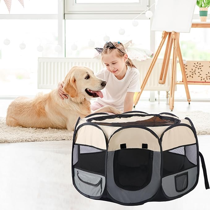 Pet Cat Playpen for Indoor Cats,Portable Pet Dog Playpen,Puppy Small Dog Cat Tent Crates Cage,29x29x16,Grey/Beige,1Pack