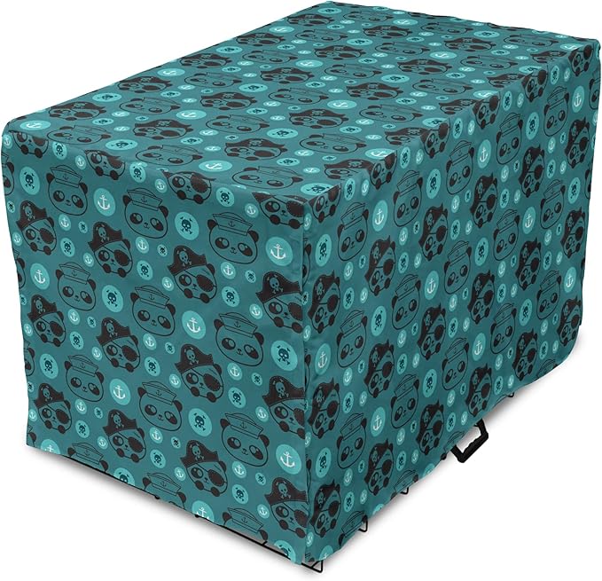 Lunarable Panda Dog Crate Cover, Pirate and Sailor Bears Skulls on Crossed Bones Anchors Within Circles, Easy to Use Pet Kennel Cover for Medium Large Dogs, 48 Inch, Teal Turquoise Black