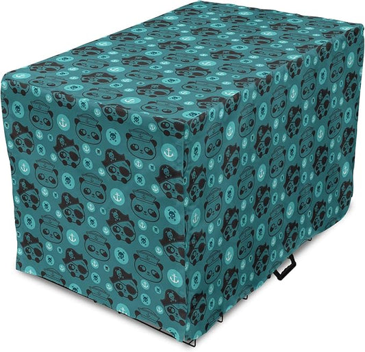 Lunarable Panda Dog Crate Cover, Pirate and Sailor Bears Skulls on Crossed Bones Anchors Within Circles, Easy to Use Pet Kennel Cover for Cats & Medium Dogs, 24 Inch, Teal Turquoise Black
