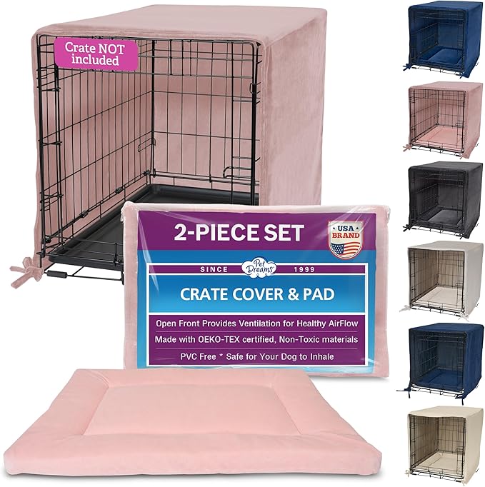 Pet Dreams Dog Crate Cover & Mat- Breathable Non-Toxic Kennel Topper for Single-Door Crates, Fits iCrate Dog Cages 18, 24, 30, 36, 42, 48 Inches (Pink, X-Small, 18“)