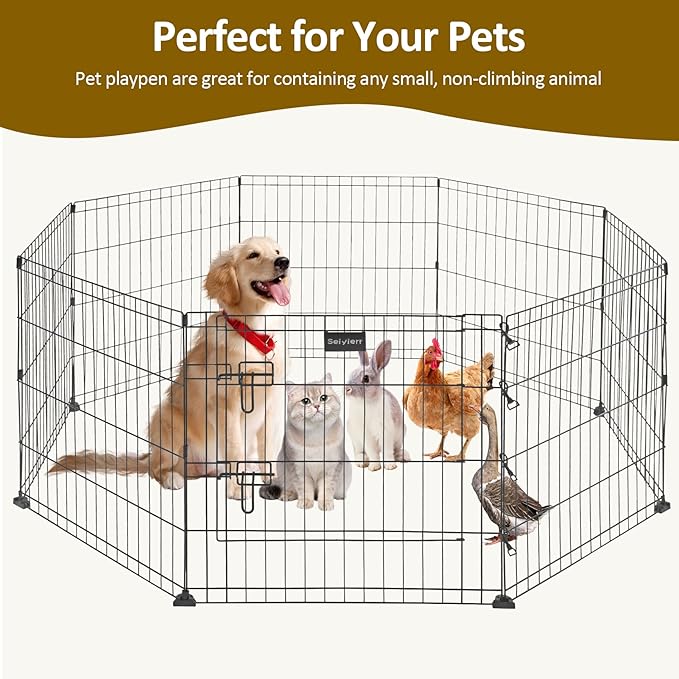 Metal Dog Fence for Camping, Foldable Cat Exercise Pens with Doors, Pet Playpen Puppy Play Pen Indoors Outdoors Temporary Fence,8 Panel 24" W x H