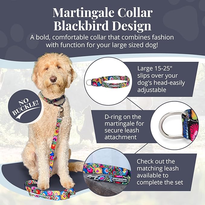 Lucky Love Dog Martingale Dog Collar - Adjustable, No-Slip, Durable, & Soft Webbing Dog Collar for Male and Female Dogs Ideal for Training & Walking - Stylish Blackbird Pattern, Large Size