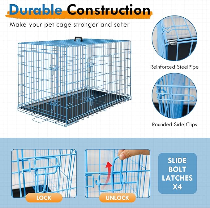 PayLessHere Large Dog Crate Kennel for Medium Large Dogs Metal Dog Cage Double-Door Folding Travel Indoor Outdoor Puppy Playpen with Divider and Handle Plastic Tray (48 Inch, Blue)