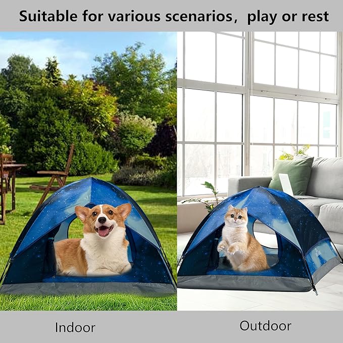 Outdoor Waterproof Pet Camping Tent, Cave Bed for Indoor Cats and Small Dogs, Portable Cat House Dog House, 29.5x29.5x18.9'', Navy Blue, M.