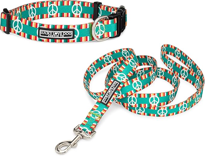 Lucky Love Dog Collar Combo Set, Matching Collar and Leash for Small Dogs, Peace Sign Dog Collar and Leash Set, Convenient & Reliable (Peace on Earth Combo, Small)