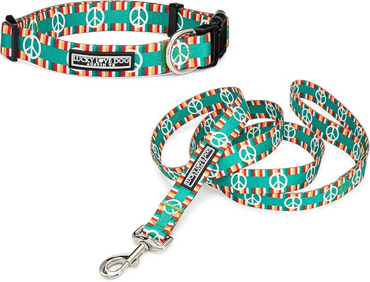 Lucky Love Dog Collar Combo Set, Matching Collar and Leash for Small Dogs, Peace Sign Dog Collar and Leash Set, Convenient & Reliable (Peace on Earth Combo, Small)