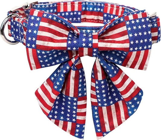 Lionet Paws Patriotic Dog Collar with Sailor Bow, 4th of July, Soft and Comfortable Adjustable American Flag Collar for Large Dogs, Neck 16-24 inches