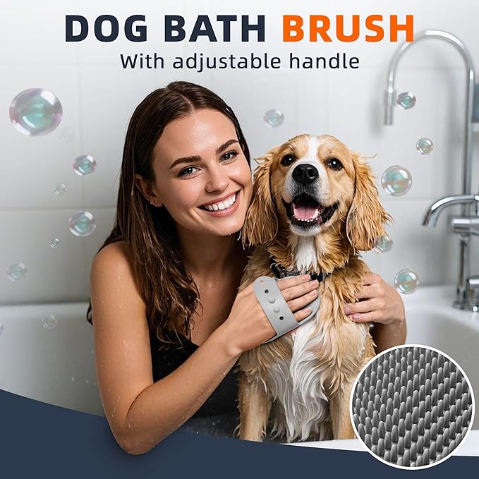 4PCS Dog Bath Brush | Scrubber for Bath | Shampoo Brush | Toothbrush | Finger Toothbrush | Dog Shower/Washing Brush with Adjustable Ring Handle - Pet Bath Supplies (Black Grey)
