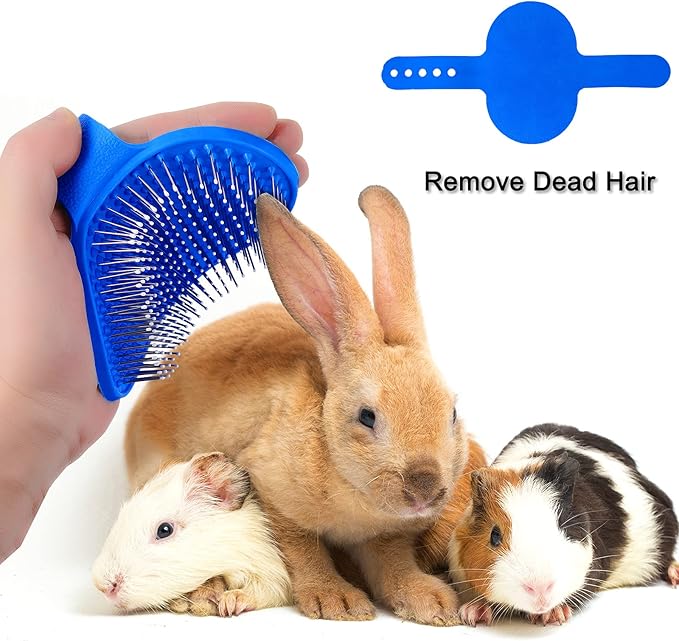 4 Pieces Bunny Grooming Kit: Brush, Hair Remover, Nail Clipper, Shampoo Brush with Adjustable Ring Handle for Rabbits, Hamsters (Blue)