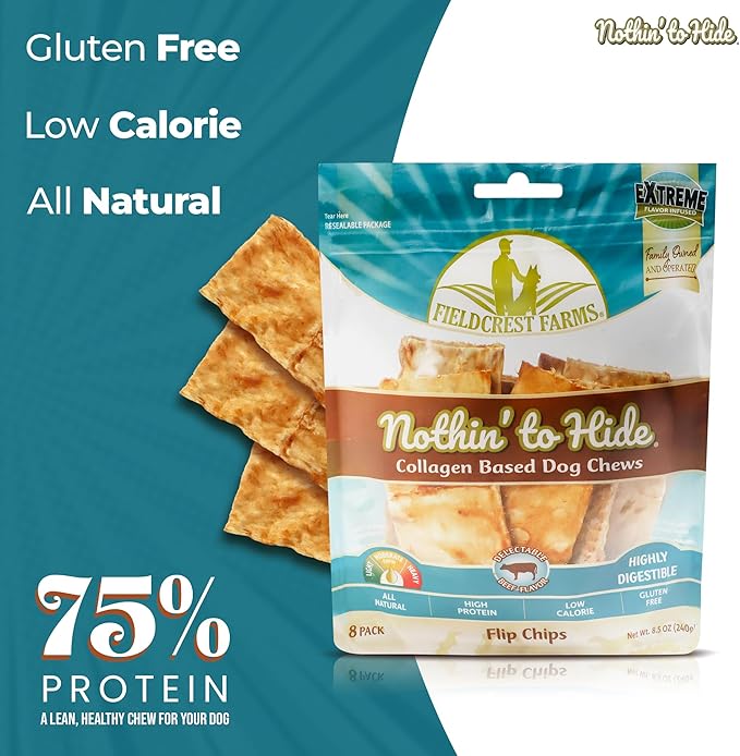 Fieldcrest Farms Nothin to Hide Flip Chips Dog Chews - Natural Rawhide Alternative Treats for Dogs, Collagen Based Snack for Moderate Chewers Up to 35lbs, Beef Flavor - 2 Packs (16 Chips)
