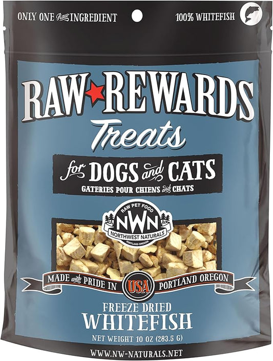 Northwest Naturals Raw Rewards Freeze-Dried Whitefish Treats for Dogs and Cats - Bite-Sized Pieces - Healthy, 1 Ingredient, Human Grade Pet Food, All Natural - 10 Oz