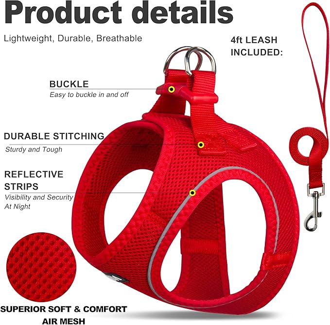 Fida Comfy Dog Harness with Leash, Cat Vest Harness Escape Proof, Breathable Lightweight Soft Mesh, Adjustable Reflective Step-in Harness for Puppy Toy Breeds & Extra-Small Pet (XXS, Red)