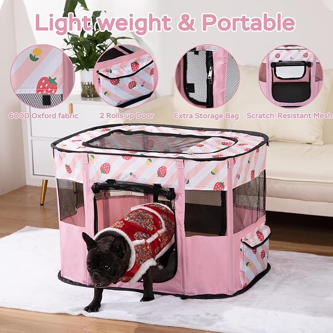 Dog and CAT pop Play Pen,Pets Houses for Dogs and Cats,Indoor&Outdoor Exercise Pen Dog Tent Puppy Playground Large (L, Pink)