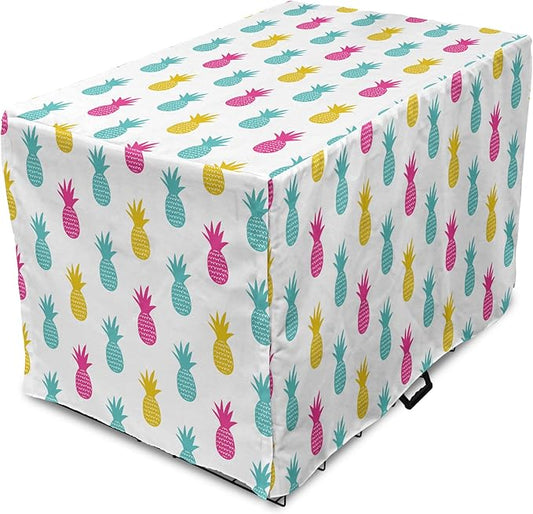 Lunarable Yellow Pineapple Dog Crate Cover, Rhythmic Ananas Fruits in Colorful Design Summer Tropical Concept, Easy to Use Pet Kennel Cover for Cats & Medium Dogs, 30 Inch, Turquoise Hot Pink