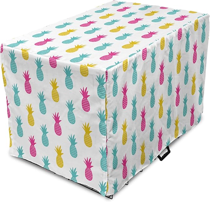 Lunarable Yellow Pineapple Dog Crate Cover, Rhythmic Ananas Fruits in Colorful Design Summer Tropical Concept, Easy to Use Pet Kennel Cover for Cats & Medium Dogs, 24 Inch, Turquoise Hot Pink