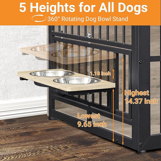 Dog Crate Furniture, 48 Inch Dog Kennel Furniture, Wooden 𝐃og Crate Furniture Large Breed with Rotating 𝘋og Bowls, Heavy Duty 𝗗og Cage Furniture Indoor,Decorative Dogs Crates End Table,Gray