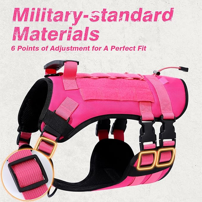 No Pull Tactical Dog Harness for Large Dogs, Escape Proof Molle Dog Vest Harness and Leash Set, Adjustable Military Service Dog Harness with Handle for Medium Large Dogs(L, Pink)