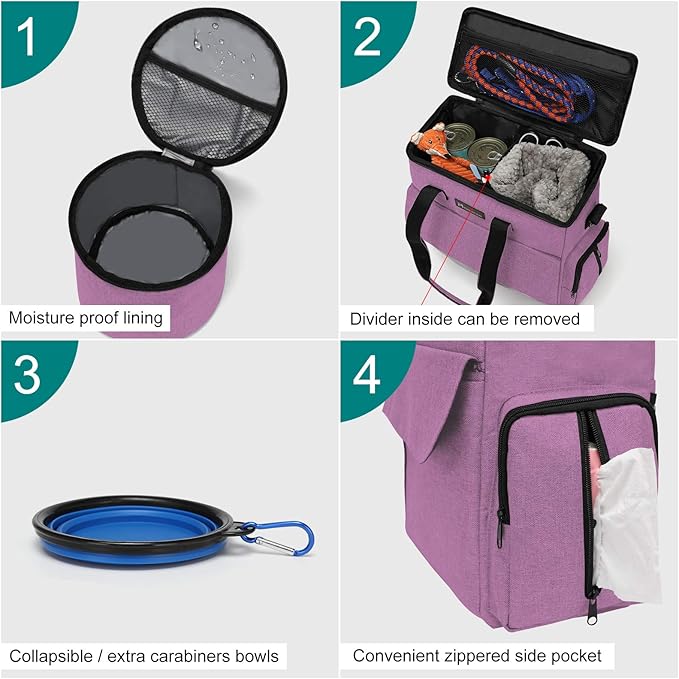 Modoker Dog Food Tote Bag, Airline Approved Pet Gear Travel Set Portable Diaper Accessories Organizer with 2 Food Storage Containers, 2 Collapsible Bowls, 1 Feeding Mat (Pink)