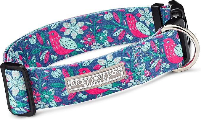 Lucky Love Dog Wide Dog Collar - Adjustable, Durable, Soft Webbing, & Comfortable 1.5 inch Wide Collar for Dogs Male and Female - in Carriebelle Pattern with Strong Buckle, Large Size