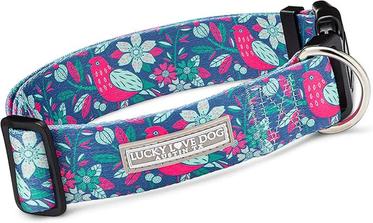 Lucky Love Dog Wide Dog Collar - Adjustable, Durable, Soft Webbing, & Comfortable 1.5 inch Wide Collar for Dogs Male and Female - in Carriebelle Pattern with Strong Buckle, Medium Size