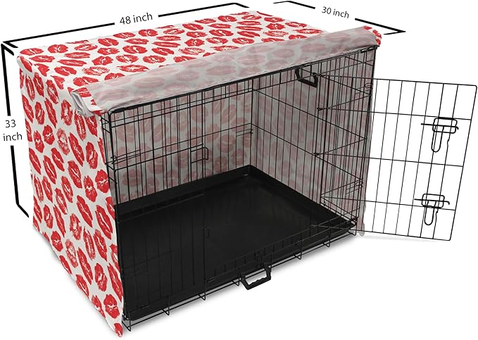 Lunarable Kiss Dog Crate Cover, Rhythmic Make up Red Luscious Lips Lipstick Imprint Illustration, Easy to Use Pet Kennel Cover for Medium Large Dogs, 48 Inch, Dark Pink and White