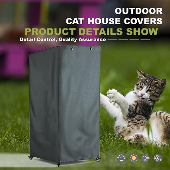 Outdoor Cat House Cover, Extremely Waterproof Feral Cattery Cat Cover, Cat Enclosure Cover, 600 D Heavy Duty Rain Sheet , 32x32x71 in (Cover only) Grey, Mx-1869-B
