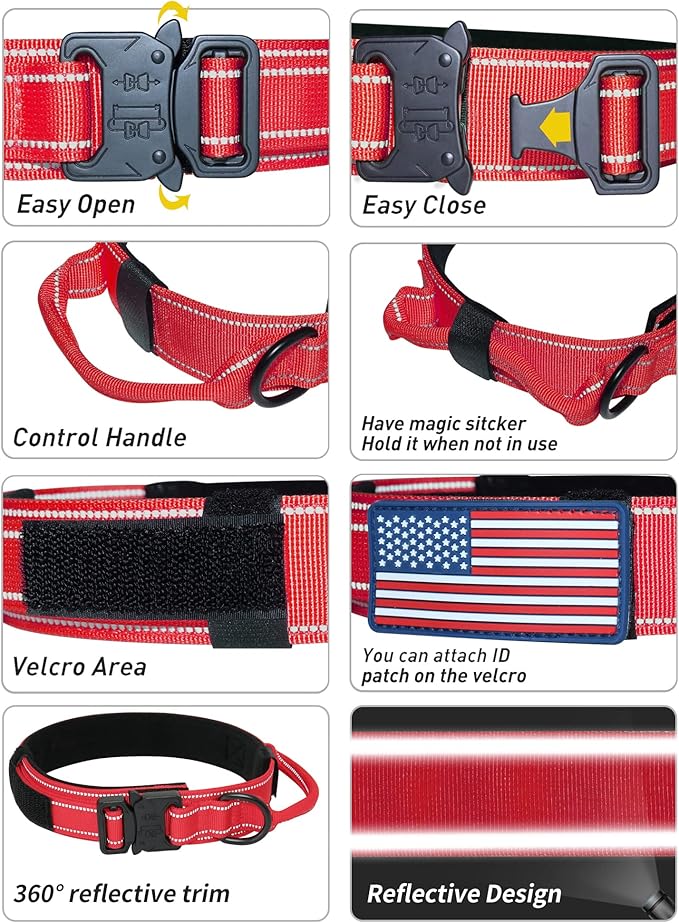 AUBELL Reflective Tactical Dog Collar, Adjustable Military Nylon Dog Collar with Handle and Heavy Duty Metal Buckle for Medium Large Dogs, with Airtag Case and 2 Patches(Red, XL)