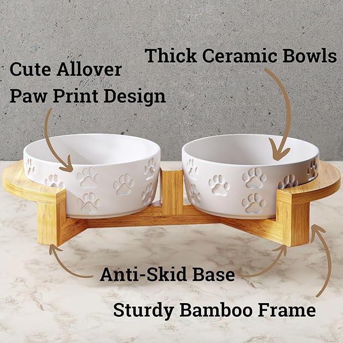 Ceramic Dog Bowls with Stand - Small Dog Bowl Set with Stand Non-Slip - 2 Ceramic Dishes with Anti-Skid Bamboo Stand for Small Dogs - Elevated Dog Bowls Set of 2 - Raised Pet Feeding Station