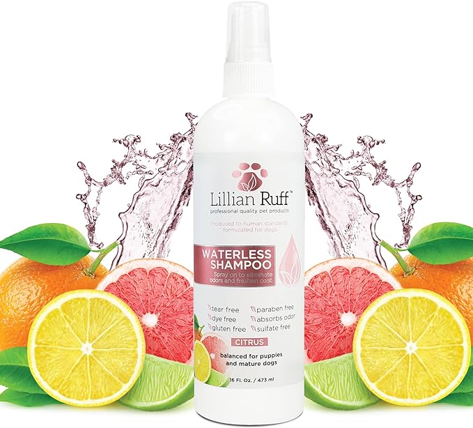 Lillian Ruff Waterless No-Rinse Dog Dry Shampoo Spray with Hydrating Essential Oils - pH-Balanced Dry Shampoo for Dogs - Clean, Condition, Detangle & Deodorize Dry, Sensitive Skin (Citrus)