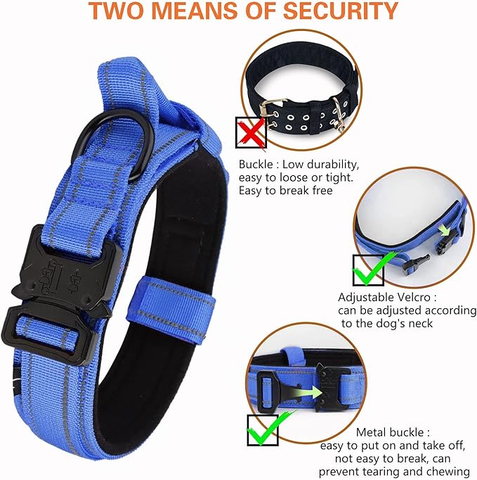 KCUCOP Tactical Dog Collar, Heavy Duty Dog Collar with Handle and Metal Buckle, Military Thick Dog Collars for Medium and Large Dogs(DarkBlue-L-Reflective, 1 Patch)