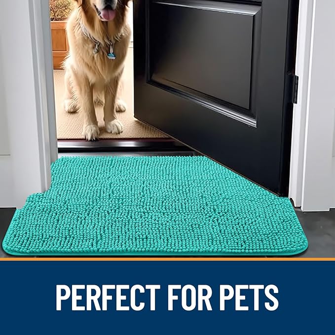OLANLY Dog Door Mat for Muddy Paws 47x24, Absorbs Moisture and Dirt, Absorbent Non-Slip Washable Mat, Quick Dry Chenille, Mud Mat for Dogs, Entry Indoor Door Mat for Inside Floor, Teal