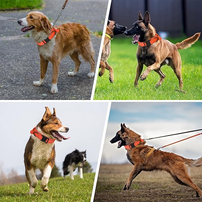 KCUCOP Tactical Dog Collar, Heavy Duty Dog Collar with Handle and Metal Buckle, Military Thick Dog Collars for Medium and Large Dogs(Orange-XL-Reflective, 1 Patch)