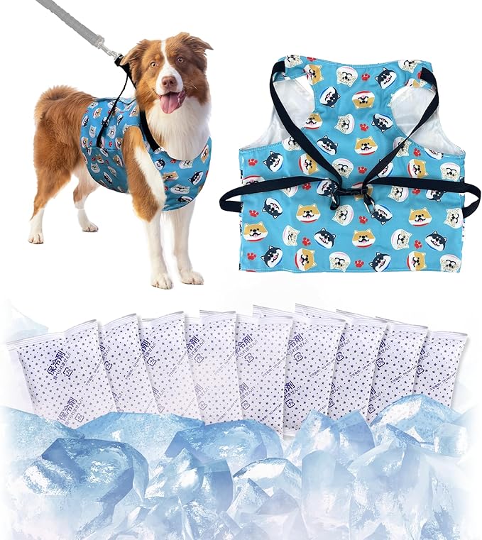 KUDES Dog Cooling Vest with Recyclable Ice Packs, Pet Adjustable Ice Chill Out Dog Harness Jacket Cooler with D Ring for Small Medium Large Dogs Walking Indoor Outdoor Summer