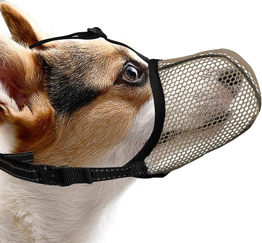 Dog Muzzle, Breathable Soft Muzzle for Small Dogs to Anti & Prevent Barking Biting Chewing, Reflective & Adjustable Basket Muzzle with Air Mesh for Toy Poodles Brown S