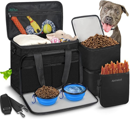 6 Set Dog Travel Bag, Large Pet Supplies for Dogs, Includes 2 Collapsible Dog Bowls, 2 Food Containers, 1 Treat Pouch with Pet Travel Bag, Black
