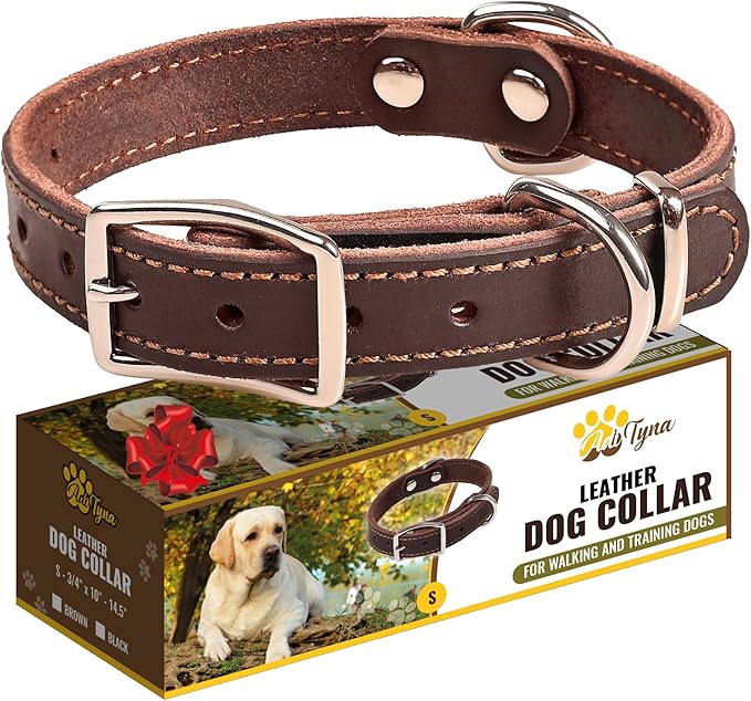 Heavy Duty Leather Dog Collar for Small Dogs - Soft and Strong Dog Collar for Puppy or Small Dogs (Small: Fit 10" - 14.5" Neck, Brown)