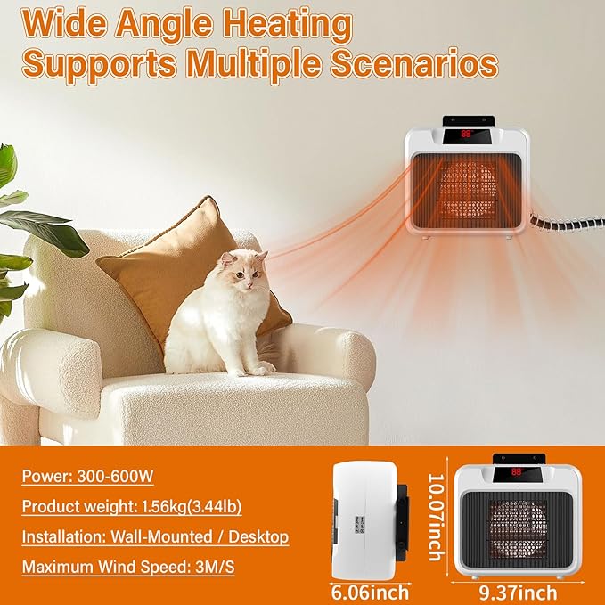 Thermostatic Dog House Heater with Anti-Bite Wires, Wall-Mounted Pet House Heater with 2 Wind Speed Modes (300W/600W), Suitable for Pet House Stoves for Dogs Cats Chickens