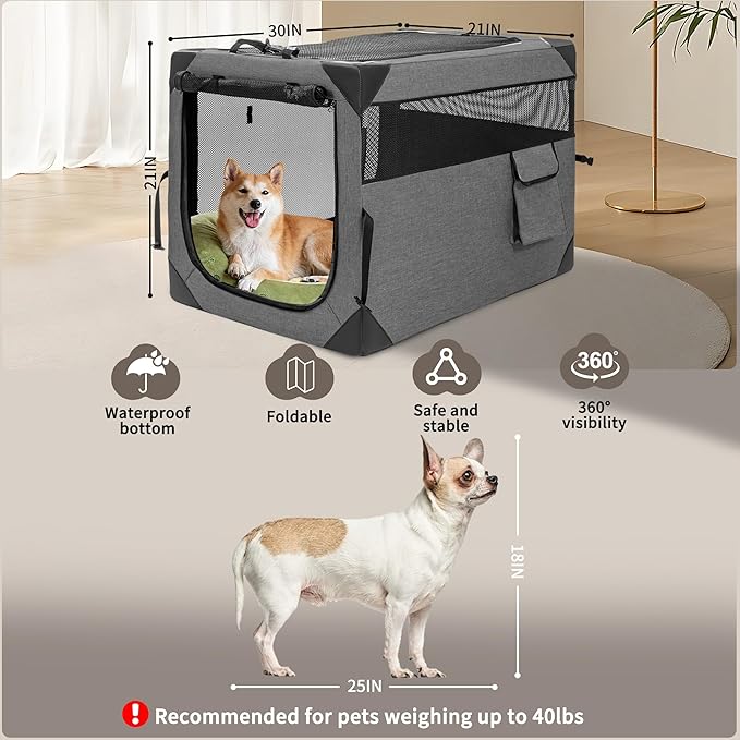 Dog Crates 30 Inch Collapsible Soft Dog Crate, 3-Door Foldable Soft Kennel for Medium Dogs, Portable Pet Travel Cage with Chew Proof Mesh Window for Outdoors