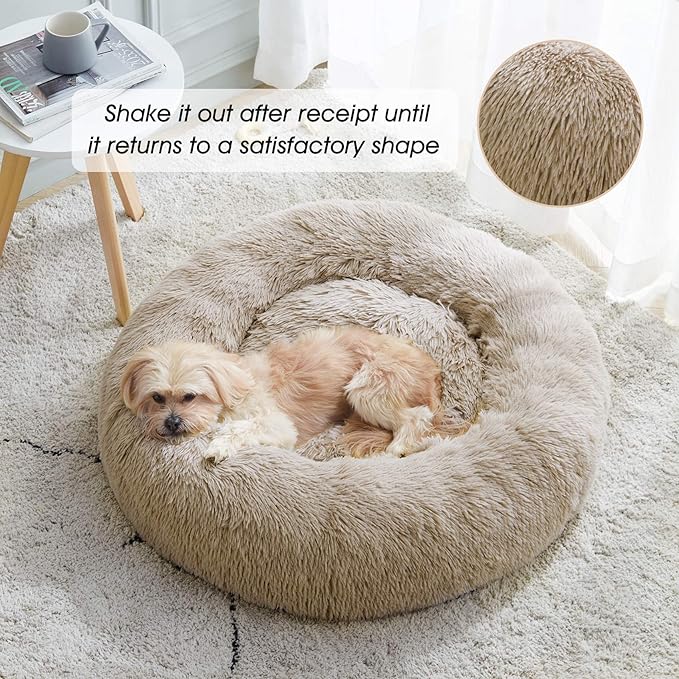 Calming Dog Bed & Cat Bed, Anti-Anxiety Donut Dog Cuddler Bed, Warming Cozy Soft Dog Round Bed, Fluffy Faux Fur Plush Dog Cat Cushion Bed for Small Medium Dogs and Cats (20"/24"/27"/30")