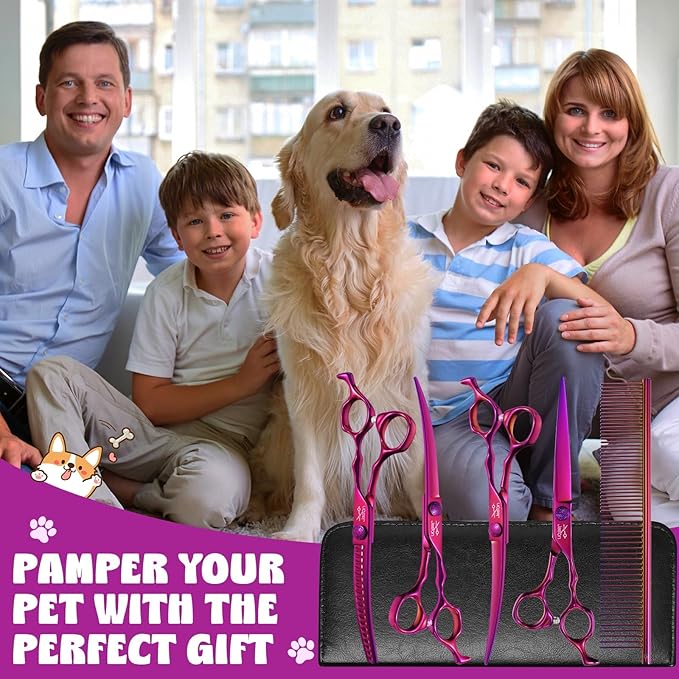 JASON Dog Grooming Scissors Set - Professional 6 in 1 Dog Shears Set - 7" Curved Chunker, 7" Straight, 7" Up-Curved, 7" Down-curved Scissors and Comb for Dog Cat Pet with Adjustable Screw