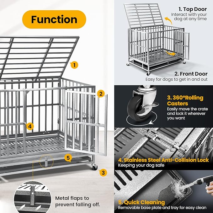 38 inch Heavy Duty Indestructible Dog Crate,2025 New Upgraded Reinforced Baseplate for Large Dogs,XL Dog Crate for High Anxiety Dogs/Max Load Capacity 200lbs/Double Door with Wheels（Silver）