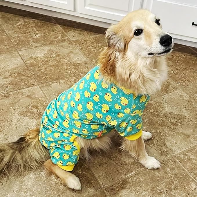 KYEESE Dog Pajamas Velvet Dog Pajamas Large Sized Dogs Soft Dogs Clothes Pjs with Yellow Ducks Pattern Stretchy Pet Jammies Coat Comfy Pet Onesie Costume, 3X-Large