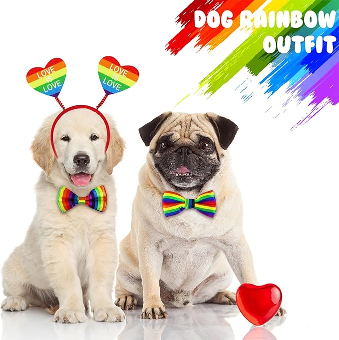 3 PCS Dog Pride Outfit Apparel Clothes, Rainbow Heart Dog Headband Bow Tie Collar for Small Medium Large Dogs (Pride Style 2)