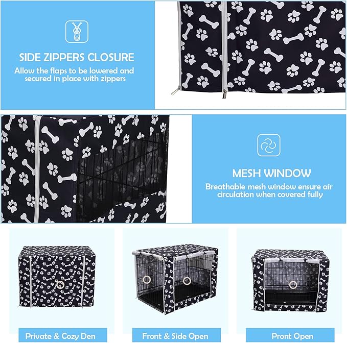 Morezi Dog Crate Cover for Wire Crates,Cage, Heavy Nylon Durable Waterproof Windproof Pet Kennel Cover Indoor Outdoor Protection - Cover only - Black Paw Bone - Small