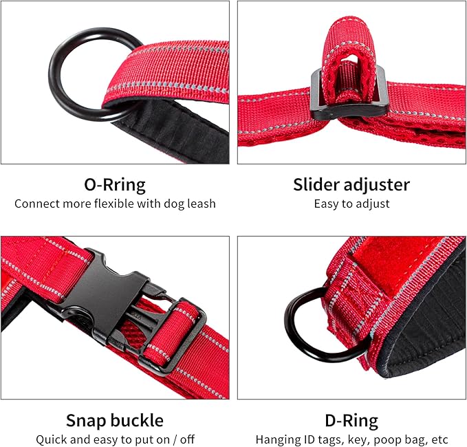 Annchwool No Pull Dog Harness with Padded Handle+5 Ft Leash,Reflective Strip Escape Proof and Quick Fit to Adjust Dog Harness,Easy for Training Walking for Small & Medium and Large Dog(Red-Set,L)