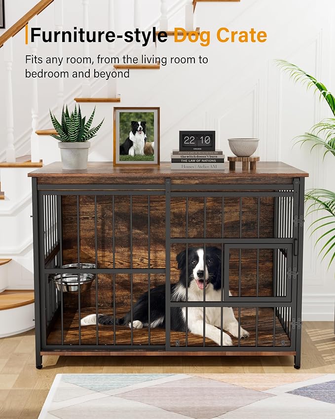 Dog Crate Furniture for Large Breed, Sliding Barn Door Dog Crate with Interactive Window for Anxiety Dogs, 360°Rotatable & Elevated Dogs Bowls, Wooden Dog Kennel Furniture, Dog Cage Furniture Indoor