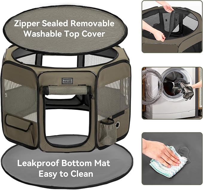 PETSFIT Dog Playpen, 36" Dia Sturdy Foldable Puppy Playpen for Dogs Cats Indoor/Outdoor, Portable Pet Playpen with Carring Case, Removable Mesh Zipper Top and Waterproof Playpen Mat Army Green M