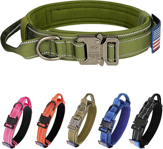 KCUCOP Tactical Dog Collar, Heavy Duty Dog Collar with Handle and Metal Buckle, Military Thick Dog Collars for Medium and Large Dogs(Green-XL-Reflective, 1 Patch)