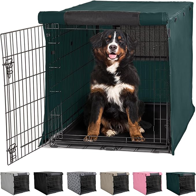 GORILLA GRIP Dog Crate Covers Compatible with Amazon Basics Dog Crates, All Sides Open, Privacy Cover Fits 48" Wire Kennel, Breathable Mesh Windows, Light Reducing Training Cage Topper, Hunter Green